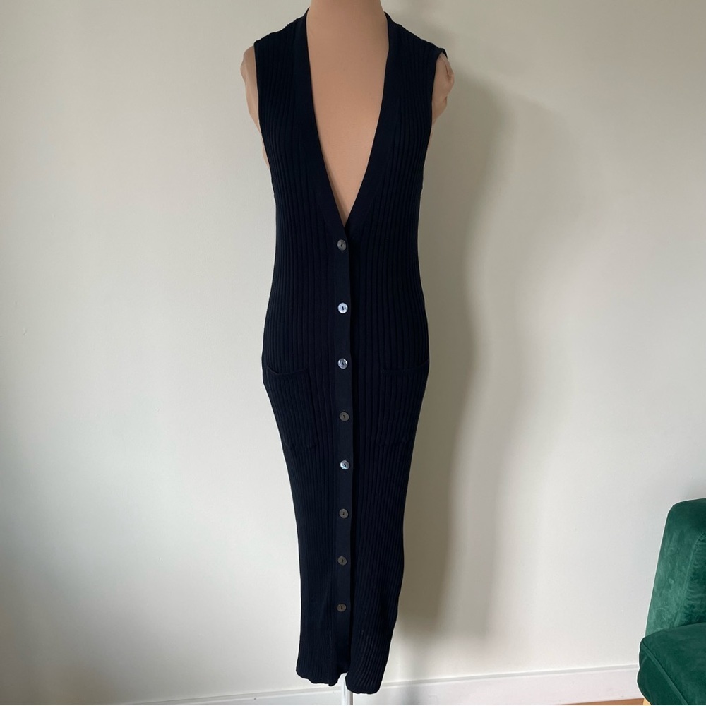 AUTUMN CASHMERE Navy Blue Ribbed Cotton Sleeveless Cardigan Vest Midi Dress Sz M